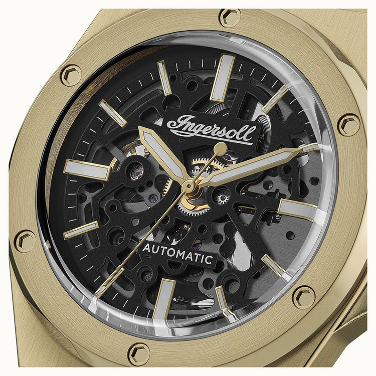 Ingersoll | Baller Automatic black 45mm skeleton dial gold | I15001