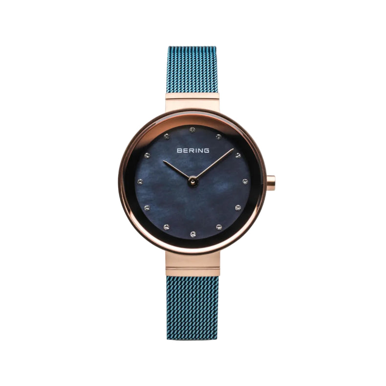 Bering | Classic Rose Gold blue 28mm dial milanese strap | 10128-368