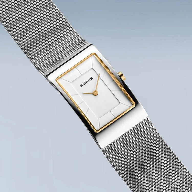 Bering | Classic 38mm polished white square dial silver mesh strap | 10222-010-S