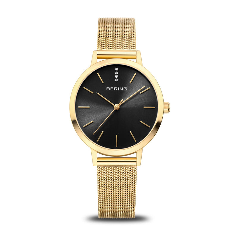 Bering | Classic gold 34mm black dial gold mesh strap | 13434-332