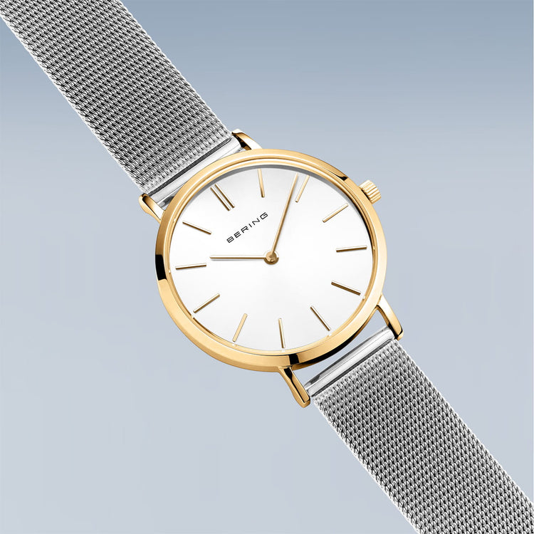Bering | Classic polished gold sase and silver strap 34mm | 14134-010