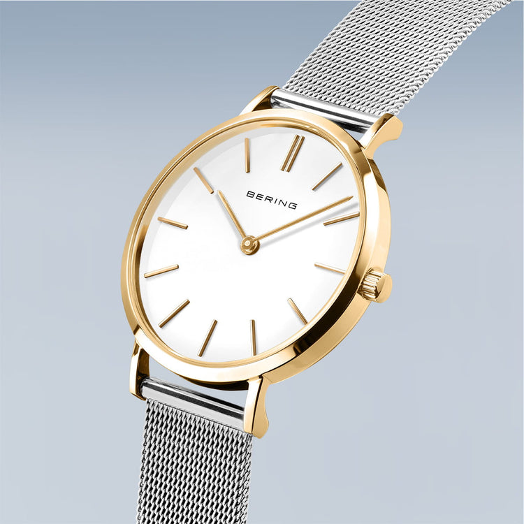 Bering | Classic polished gold sase and silver strap 34mm | 14134-010