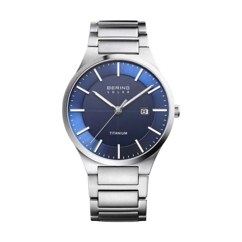 Bering | Solar Titanium silver 39mm blue dial titanium links | 15239-777