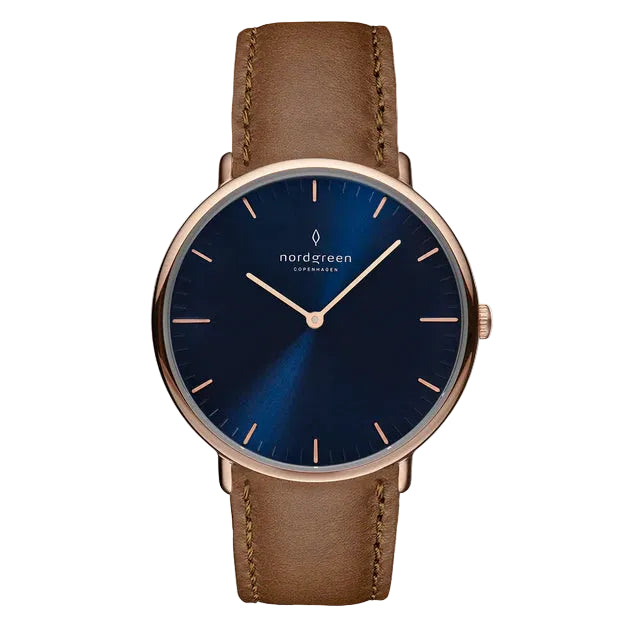 A men's Nordgreen watch with a blue dial and brown leather strap.