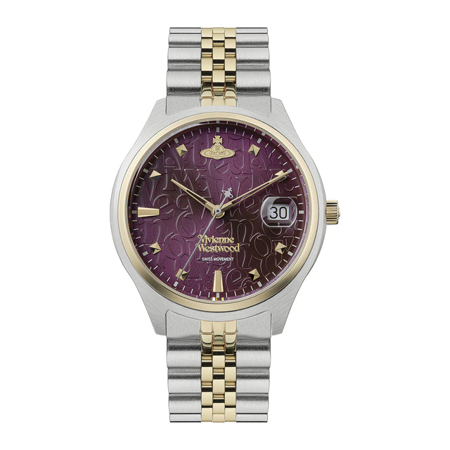 A two-tone stainless steel and gold wristwatch by Vivienne Westwood, featuring a textured purple dial with gold-tone indices and a date window at 3 o'clock.