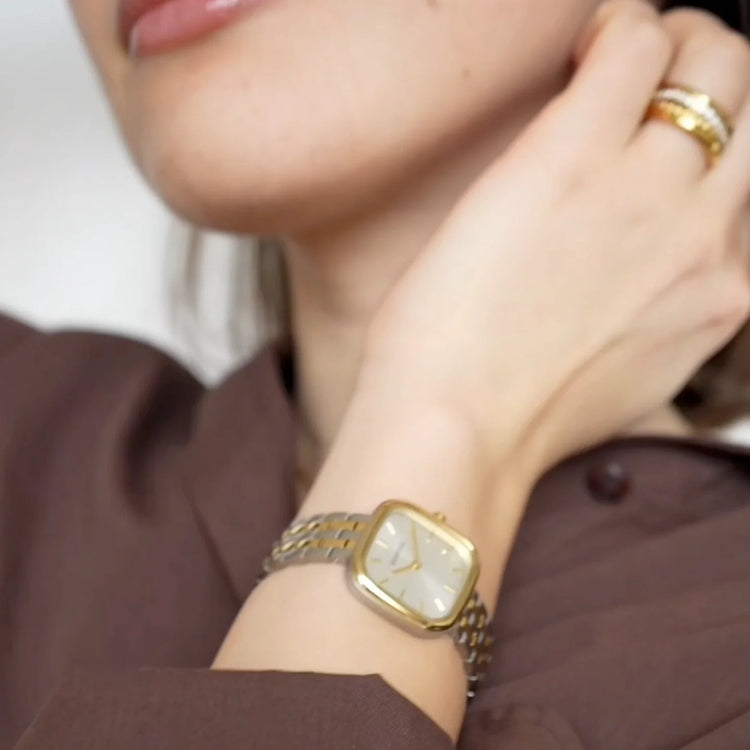 Bering | Classic square gold and silver 26mm dial two tone link strap | 17926-714