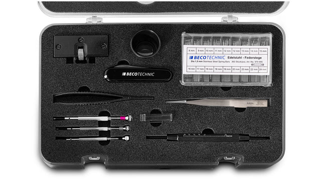 Beco Technic watchmaker service-set toolkit in a black case with various watch repair tools and components visible.