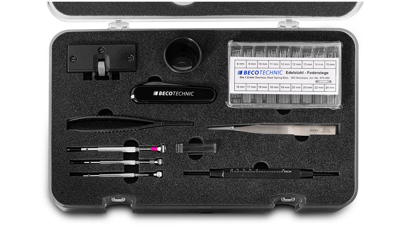 Beco Technic watchmaker service-set toolkit in a black case with various watch repair tools and components visible.