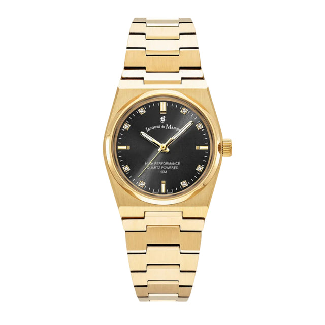 A black dial gold stainless steel bracelet watch for women with zirconia stone minute markers.