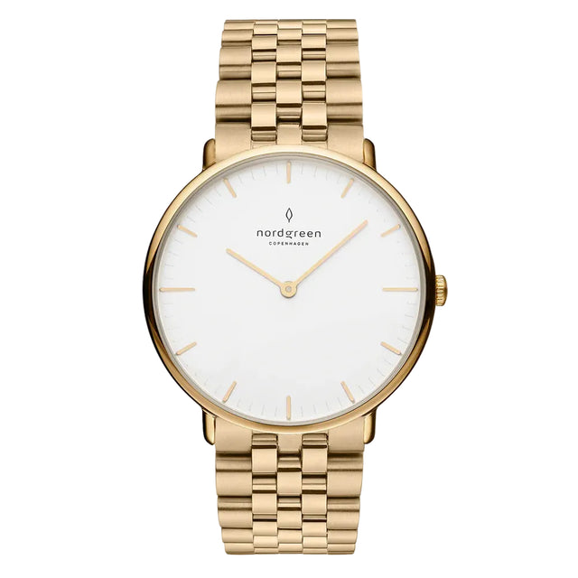 A gold-colored, stainless steel Nordgreen watch with a white dial and a linked bracelet.