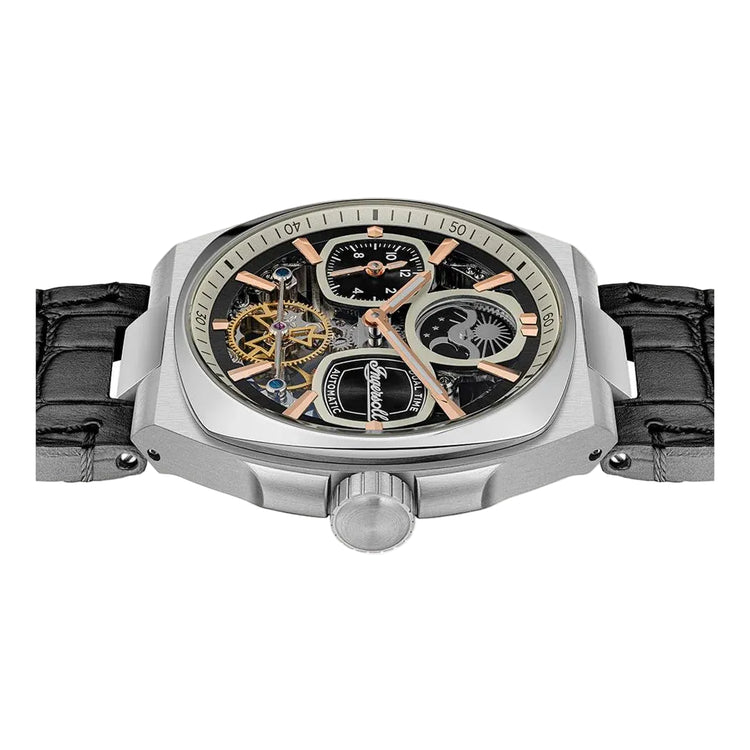 Luxury watch with black strap and detailed face on a white background