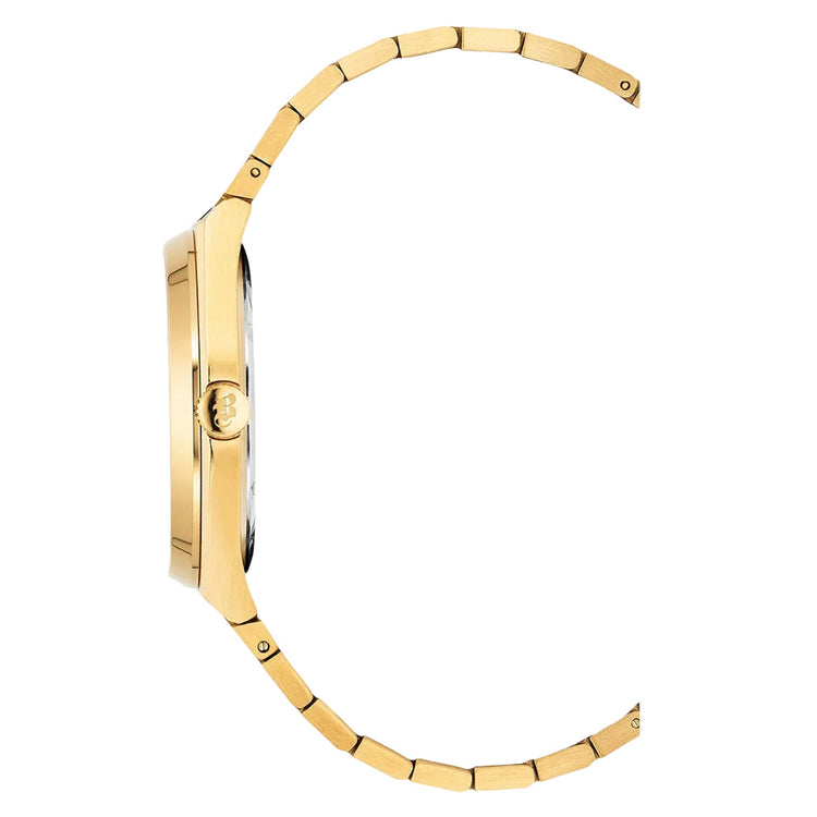A gold-tone metal watch shown in profile on a white background, featuring a matching gold link bracelet and a crown on the side.