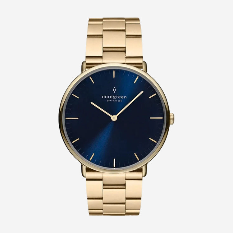 Gold watch with a blue face on a white background