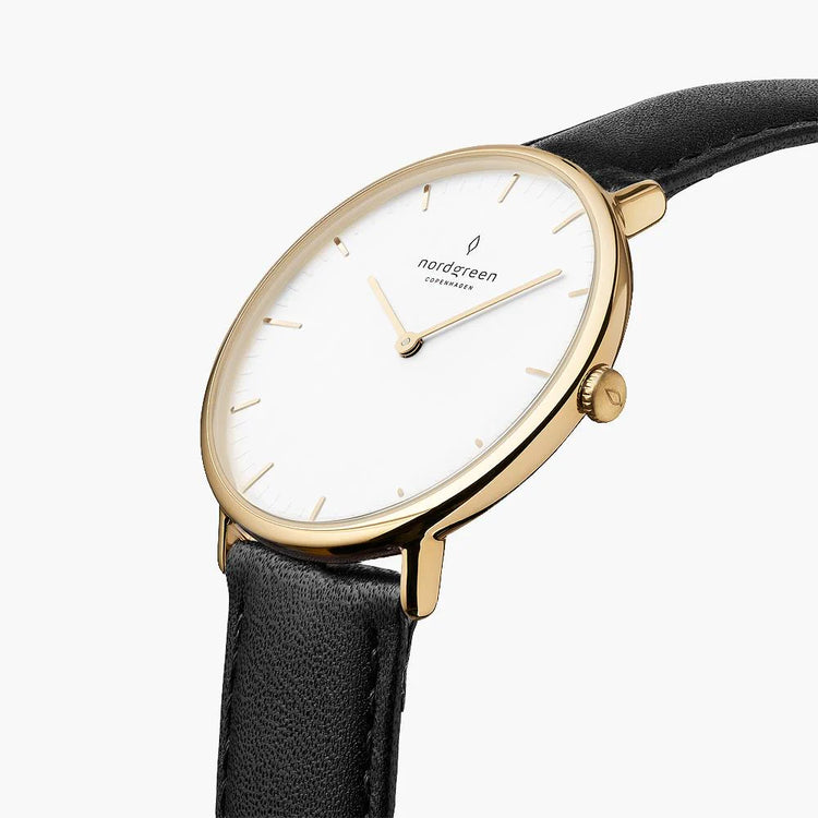Nordgreen | Native gold white 32mm dial black leather | NR32GOLEBLXX