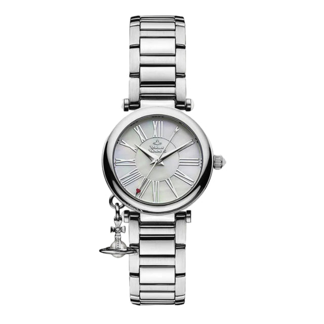 A stainless steel Vivienne Westwood Mother Orb watch with an iridescent dial and Roman numeral indexes, featuring the brand's iconic orb logo at the center and a butterfly buckle.