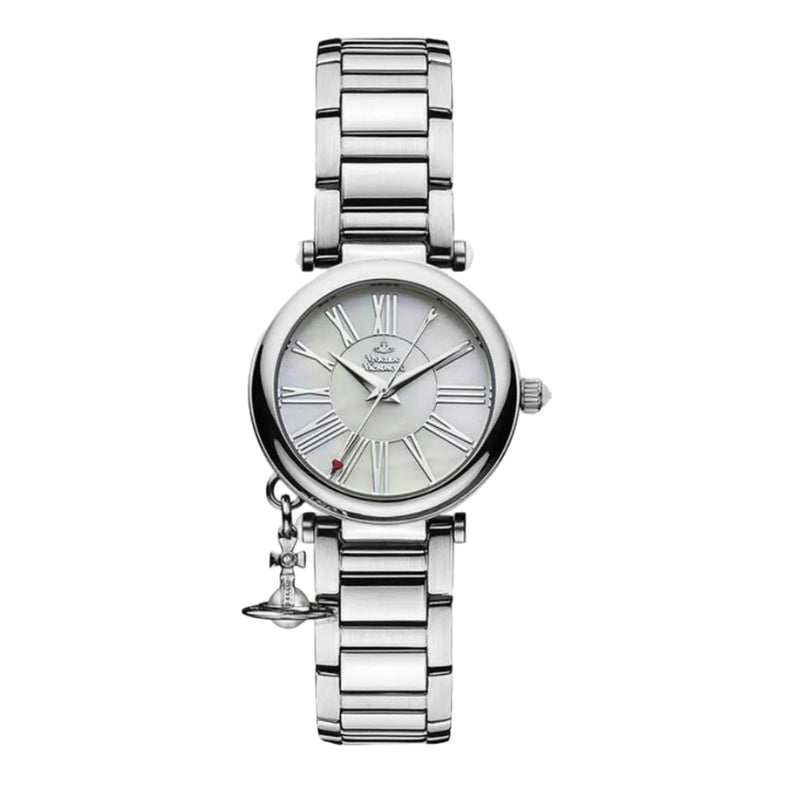 A stainless steel Vivienne Westwood Mother Orb watch with an iridescent dial and Roman numeral indexes, featuring the brand's iconic orb logo at the center and a butterfly buckle.