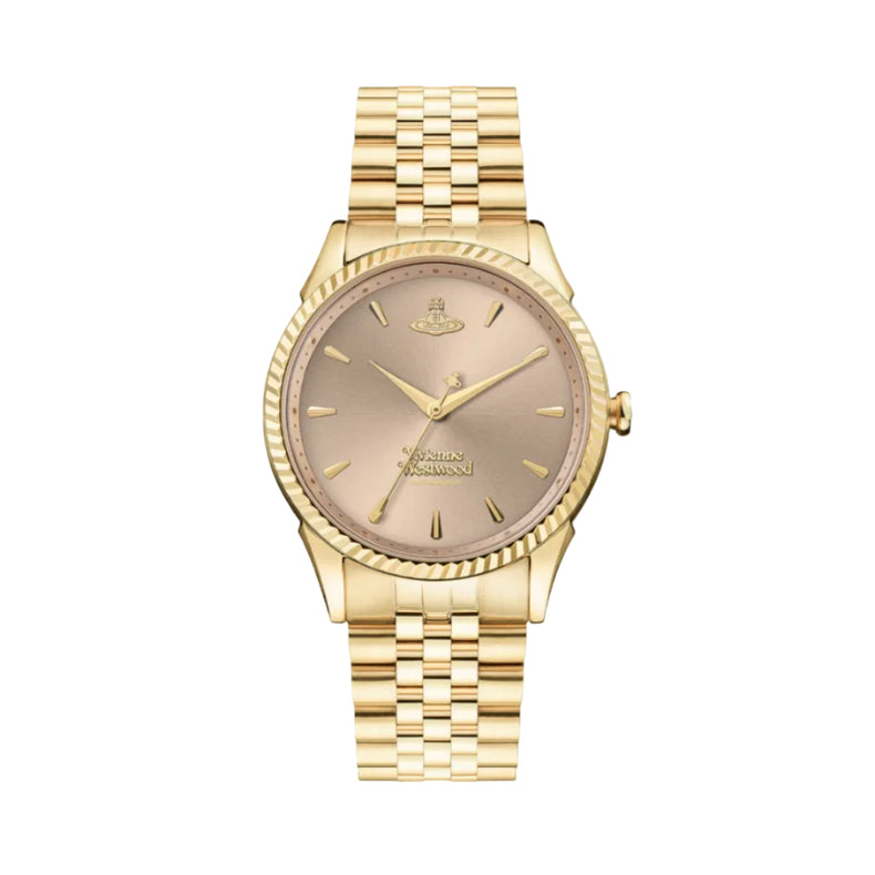 A Vivienne Westwood Seymore watch with a pink dial and gold strap, featuring the iconic orb logo.