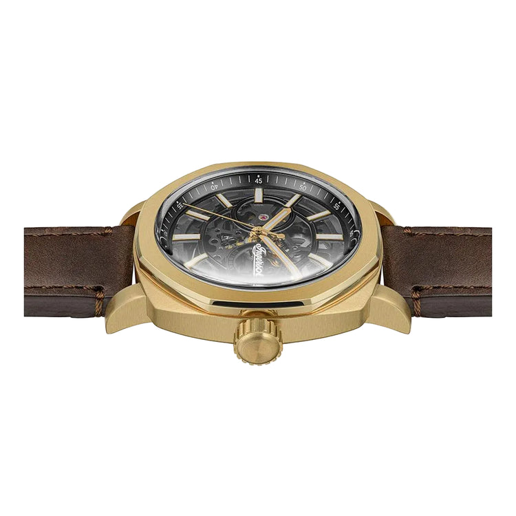 Gold wristwatch with a brown leather strap on a white background