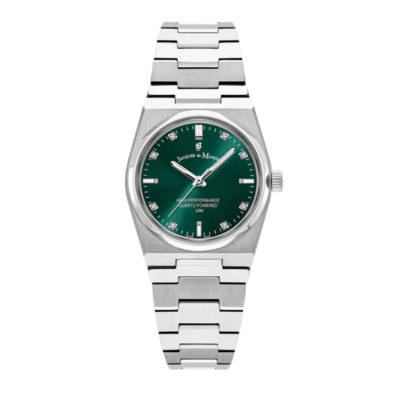 A Jacques du Manoir Horizon Ladies watch with a stainless steel bracelet and a green dial, featuring zirconia stone minute markers.