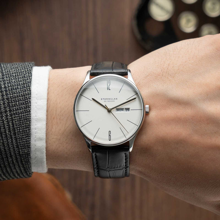 Sternglas | Berlin silver heritage 38mm dial black leather band | S01-BE10-HE04