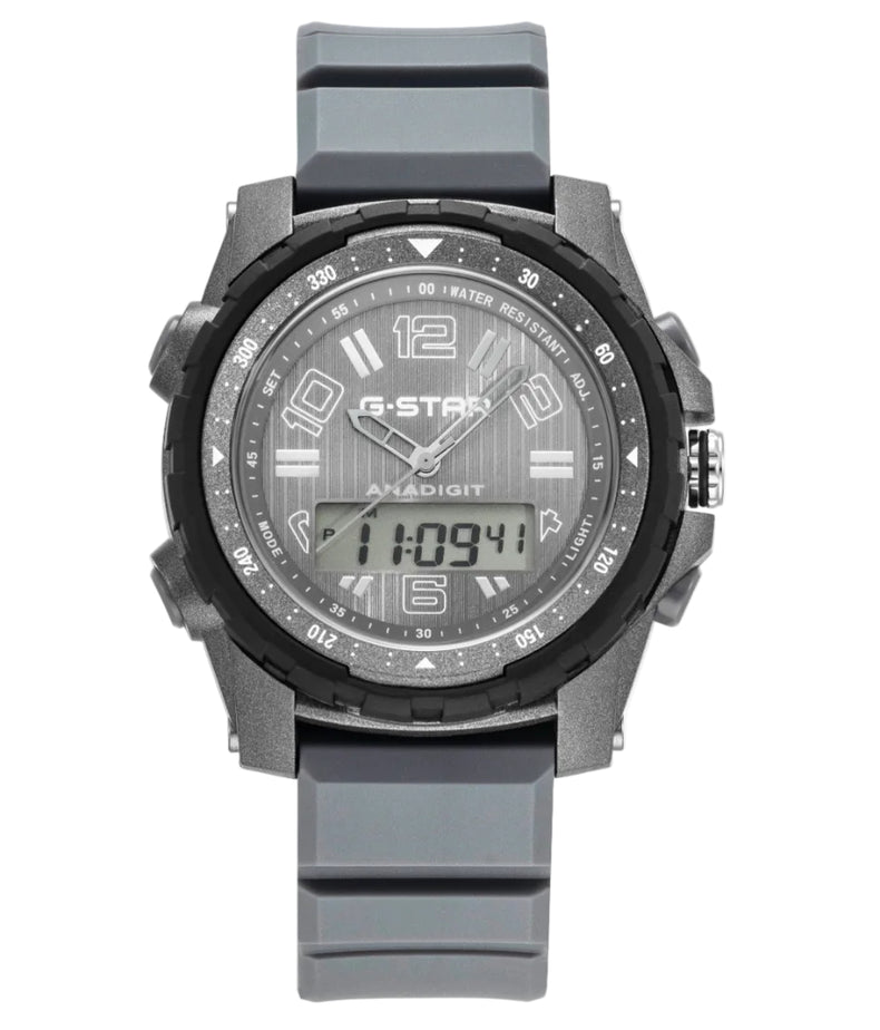 A G-Star analog-digital wrist watch with a gray textured dial, black bezel, and a matching gray silicone strap, shown against a plain white background.