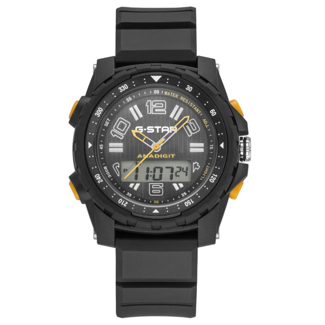 A rugged black G-Star Anadigit analog-digital watch with a black strap, black case, white and yellow text on the dial, and small yellow side accents.