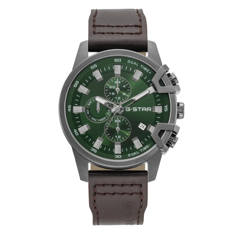 A G-Star men's chronograph watch featuring a dark green dial, silver-tone case, and a brown leather strap, shown against a plain light gray background.