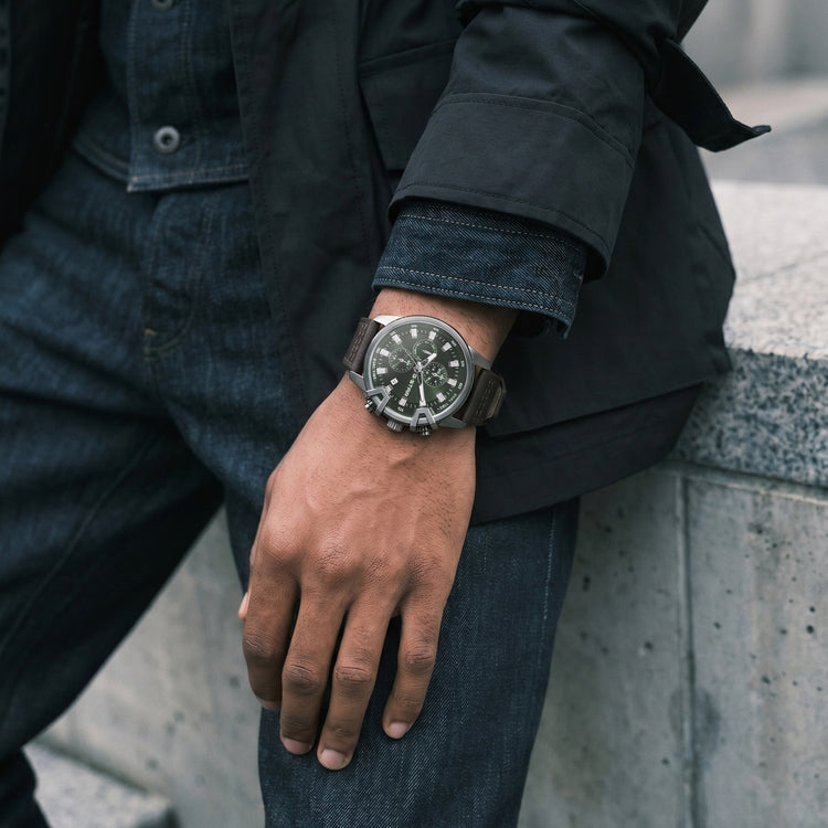 G-STAR | Bend3D Multifunction gunmetal 44mm green dial brown leather | GSW.505.03