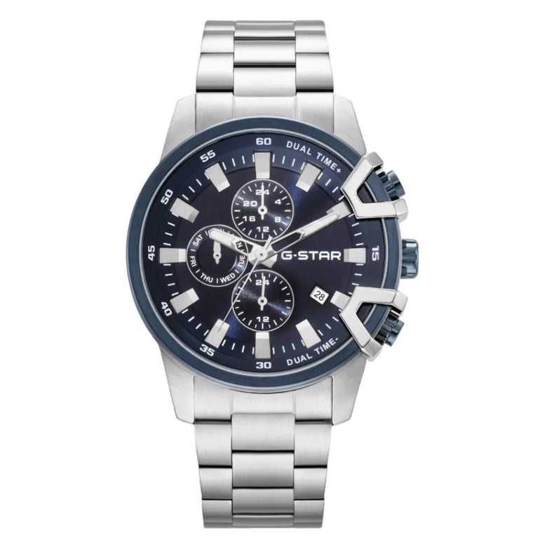 G-STAR | Bend3D Multifunction silver 44mm blue dial link band | GSW.505.04