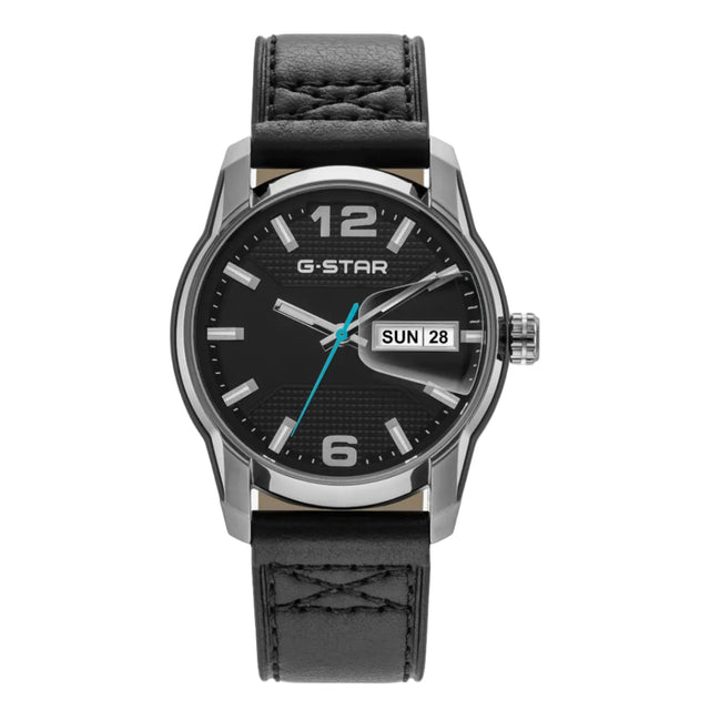 A G-Star analog watch with a black textured dial, silver-tone stainless steel case, and a black leather strap with a stitched pattern, shown against a light gray background.