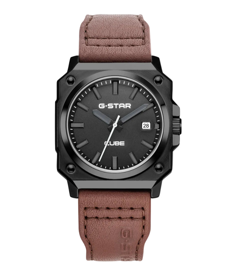 G-STAR | Cube Black square 41mm black dial brown leather band | GSW.508.04