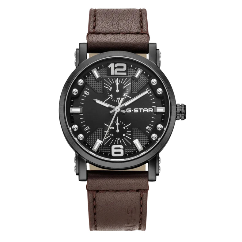 A G-Star men's analog watch with a brown leather strap, a black textured dial with silver-tone hands and markers, and a black bezel, shown against a plain white background.