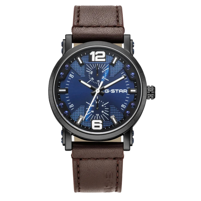 G-Star watch with blue face and brown leather strap on white background