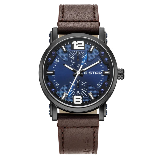 G-Star watch with blue face and brown leather strap on white background