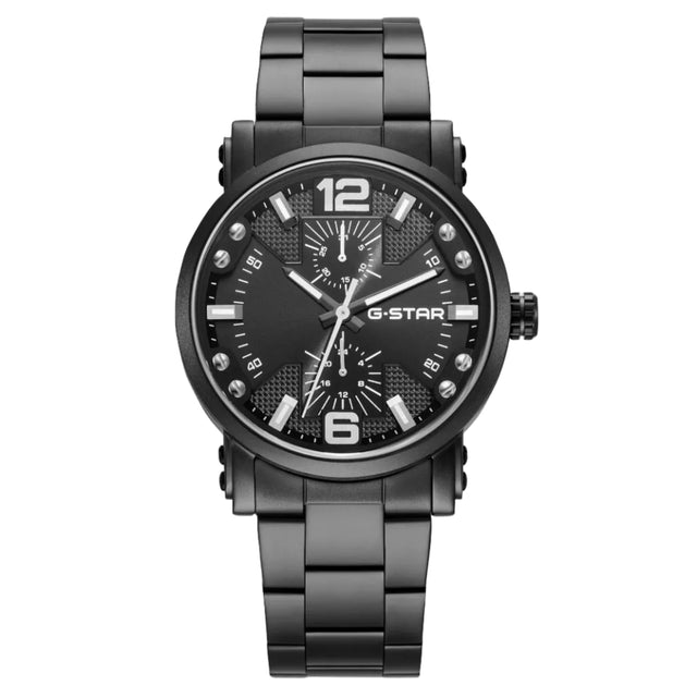 A G-Star men's analog watch with a black stainless steel case and link bracelet, featuring a textured black dial with silver-tone hands, indices, and bezel markers.