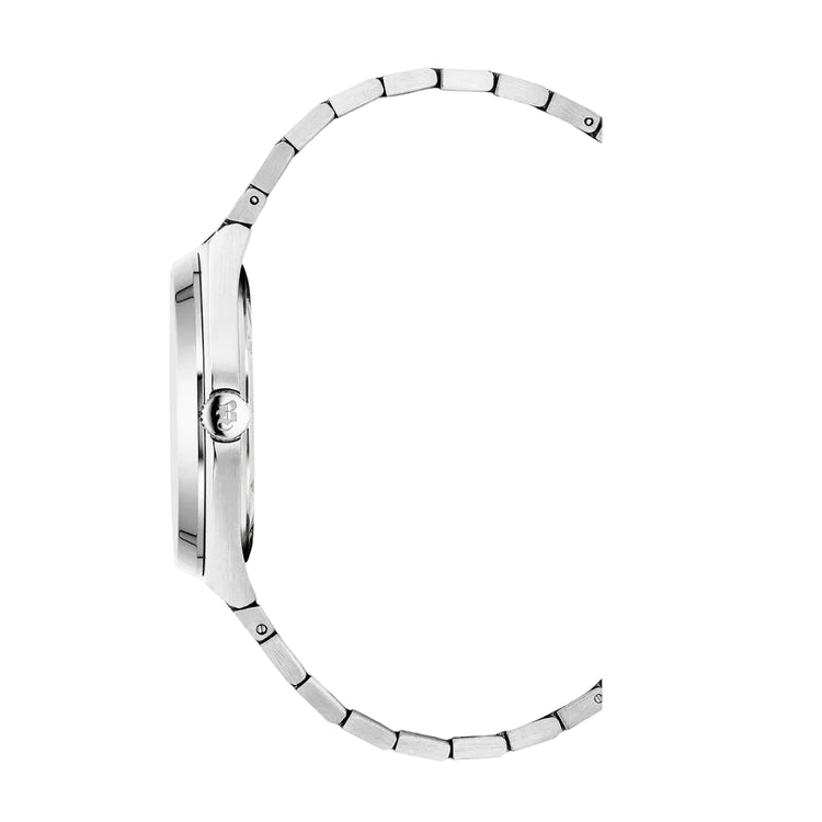 Close-up of a silver watch band on a white background