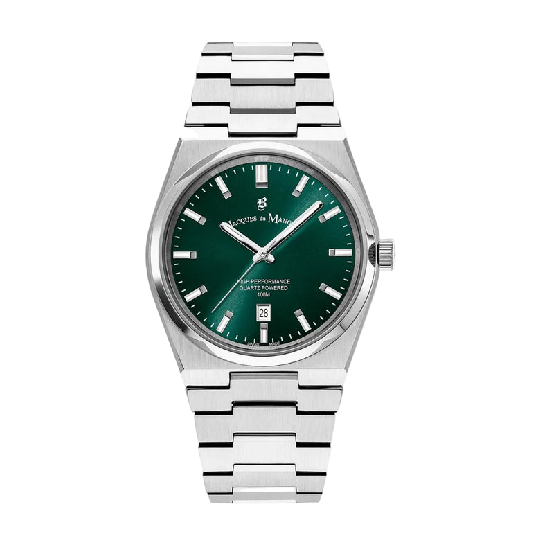 Silver watch with a green dial on a white background