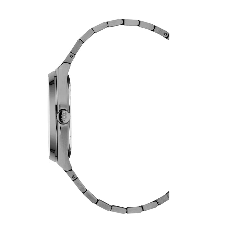 Close-up of a silver watch band on a white background
