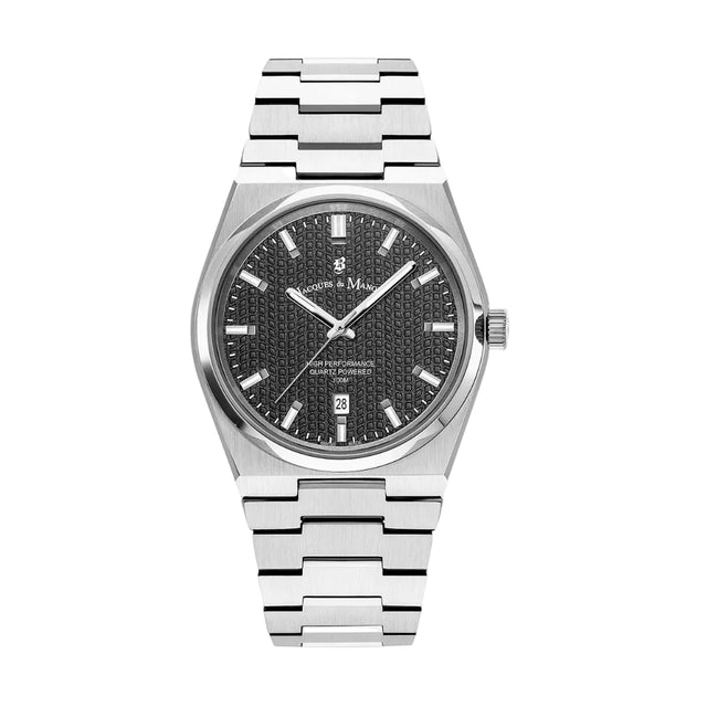 Silver watch with black dial on a white background
