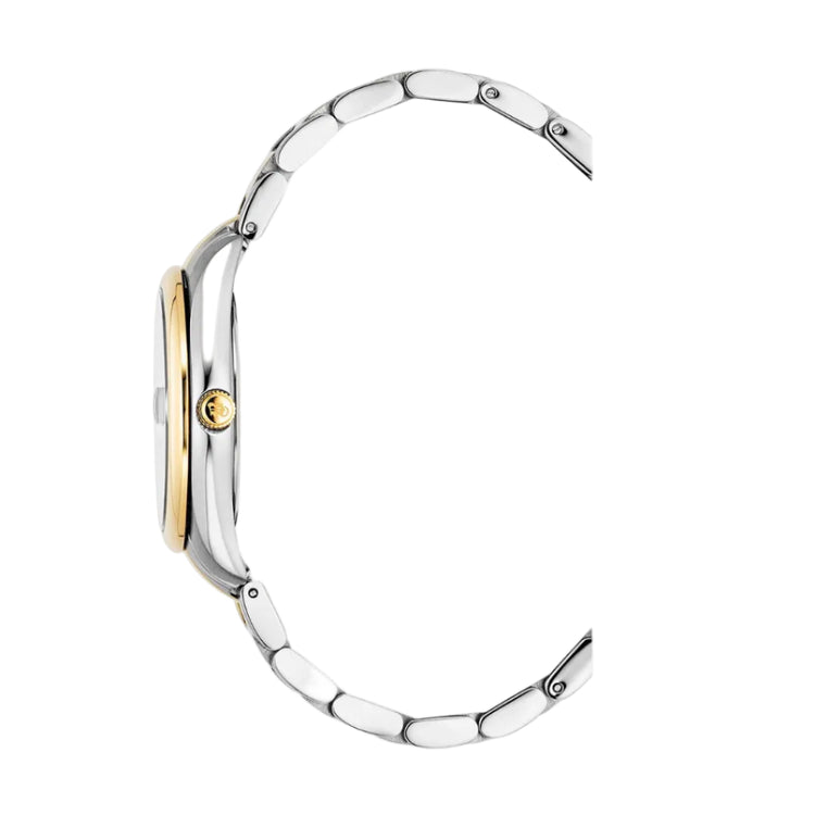 A close-up side profile of a two-tone watch with a silver-toned link bracelet and a gold-toned case accent, set against a plain white background.