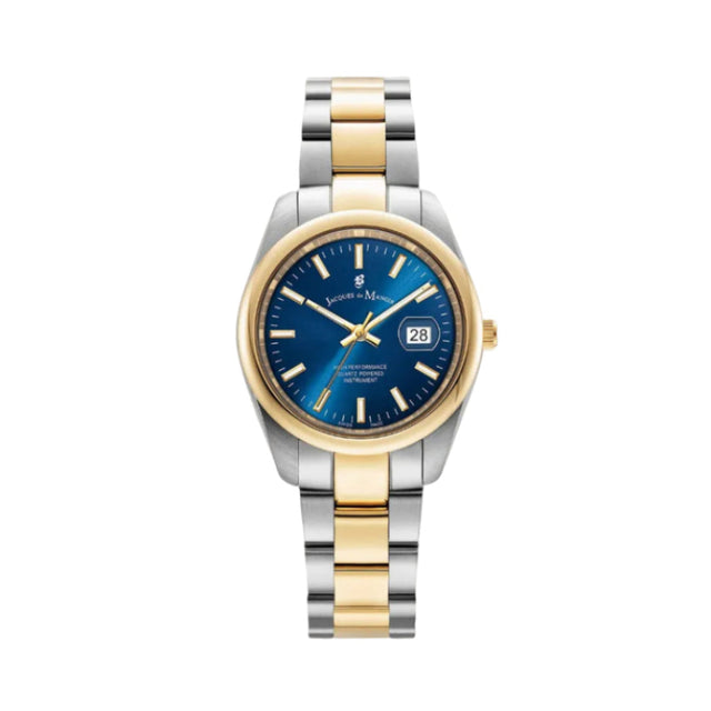 A two-tone wristwatch with a blue dial, gold-tone bezel and hands, and a silver-and-gold link bracelet, shown on a plain white background.