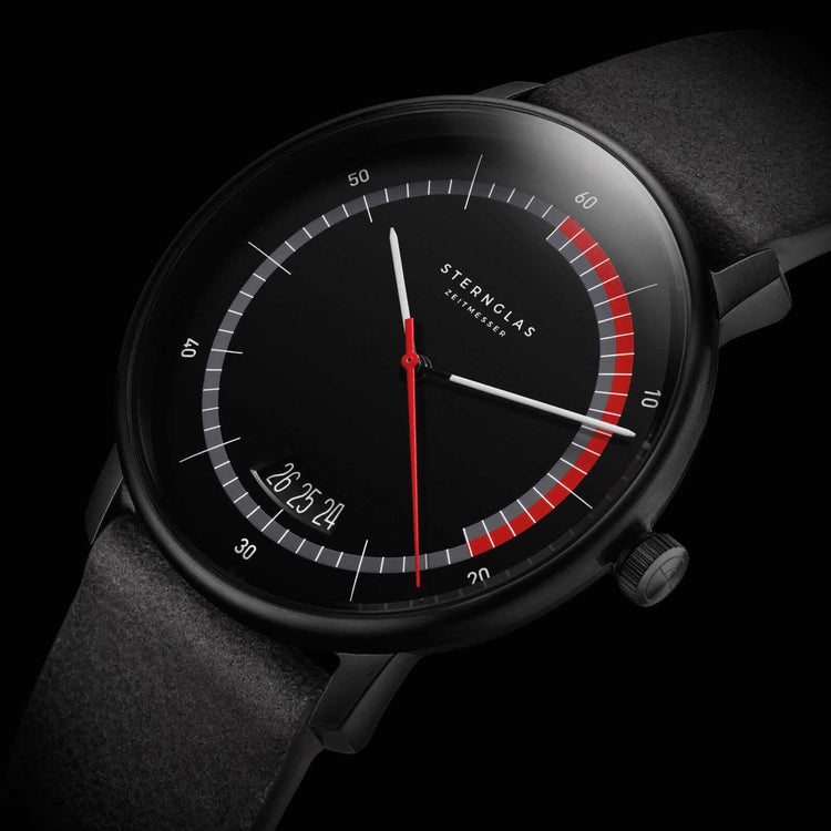 Sternglas | Naos Edition sports black 38mm red and black dial grey leather band | S01-NAS05-VI21