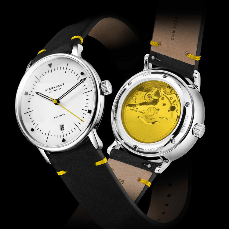 Sternglas | Naos Edition Bauhaus X Yellow Automatik 38mm dial black leather | S02-NAI23-VI22