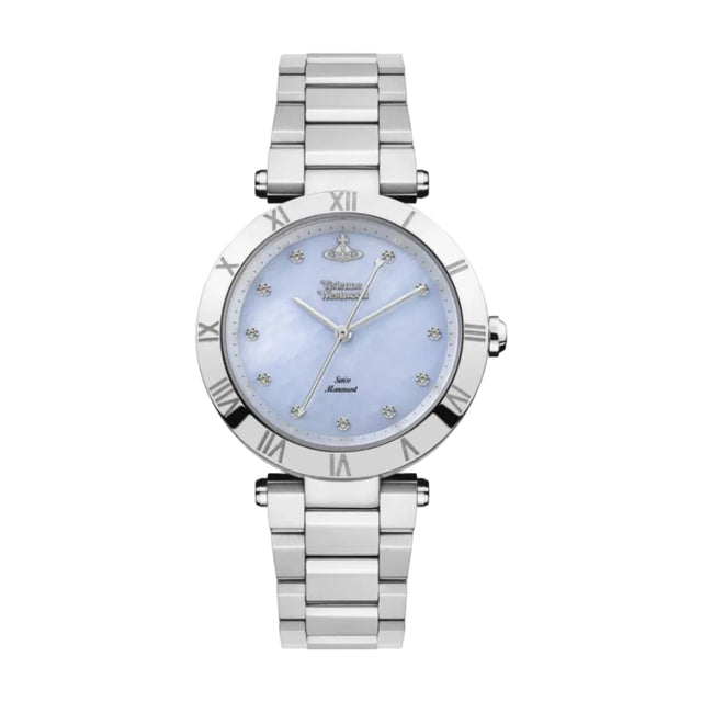 A Vivienne Westwood Montague Blue 35mm Silver Watch with a stainless steel bracelet, blue mother of pearl dial, diamond hour markers, and the iconic orb logo at the 12 o'clock position.