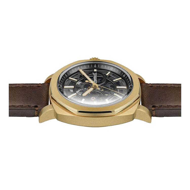 Gold watch with a brown leather strap on a white background