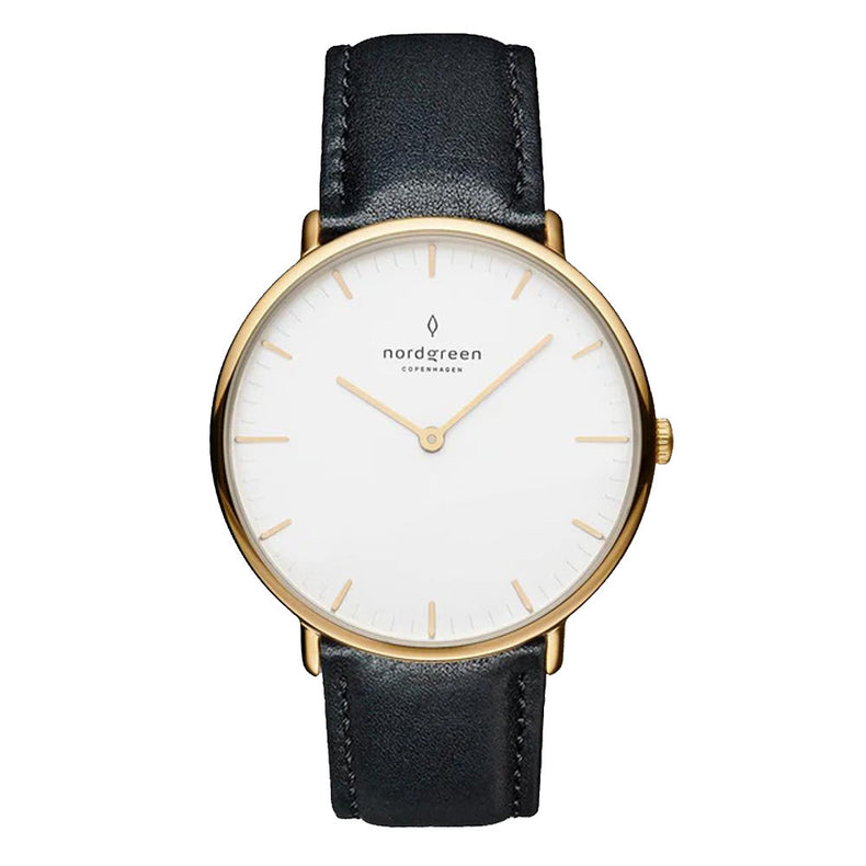 Nordgreen | Native gold 36mm white dial black leather | NR36GOLEBLXX
