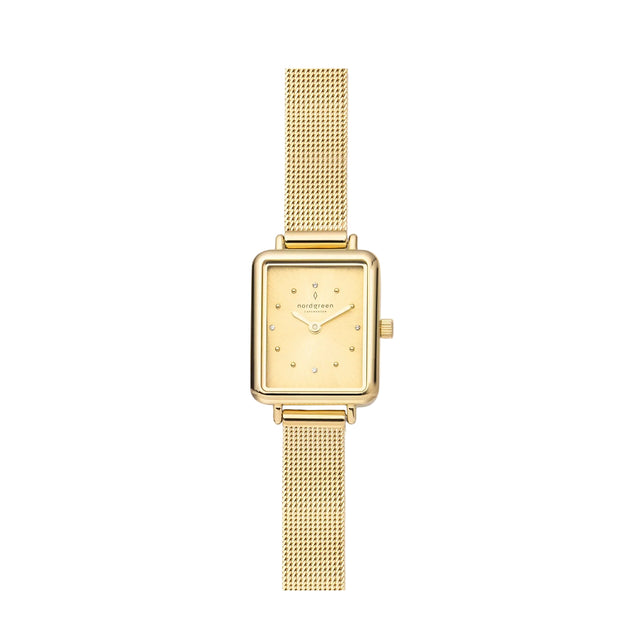 A Nordgreen Allure gold watch with a 20mm rectangular dial and a gold mesh strap.