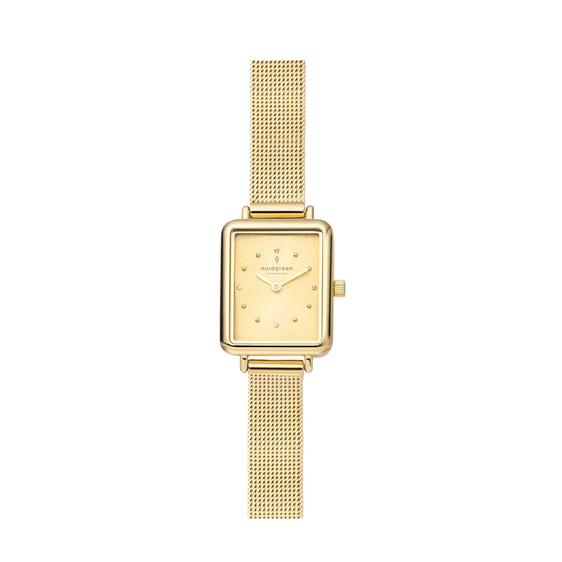 A Nordgreen Allure gold watch with a 20mm rectangular dial and a gold mesh strap.