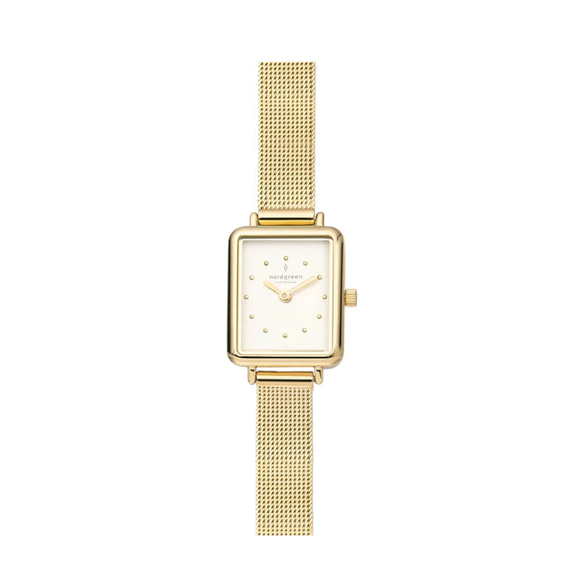 A white dial Nordgreen watch with a gold mesh band, showcasing a minimalist design with marked hours and a brand logo.