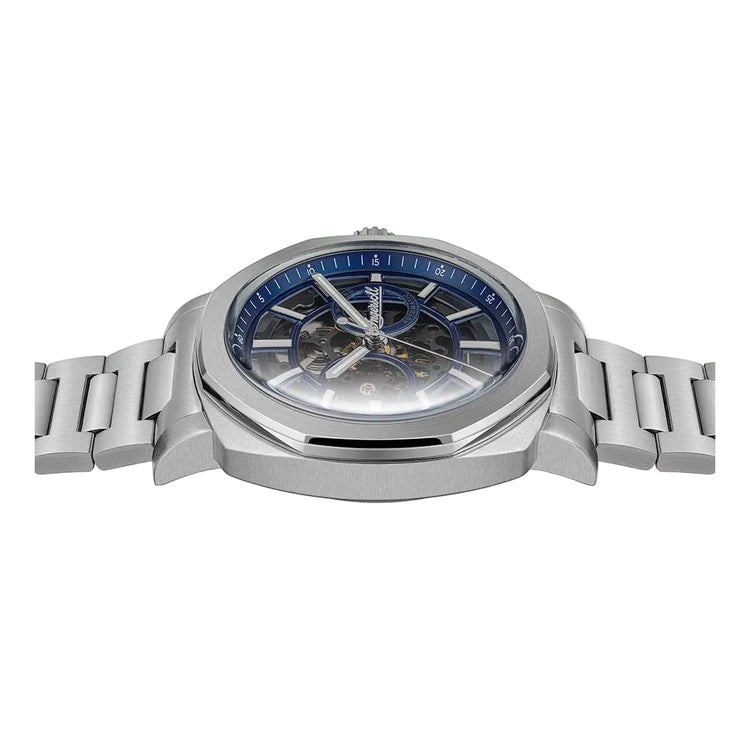 Silver watch with a blue face on a white background